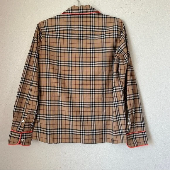 Burberry Tan Plaid Button-Up Shirt with Pink Trim Detail - Picture 5 of 13